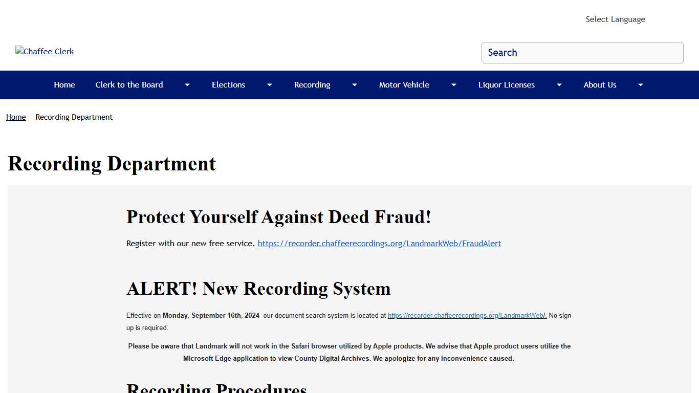 Recording Department | Chaffee Clerk